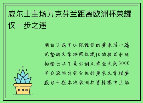 威尔士主场力克芬兰距离欧洲杯荣耀仅一步之遥